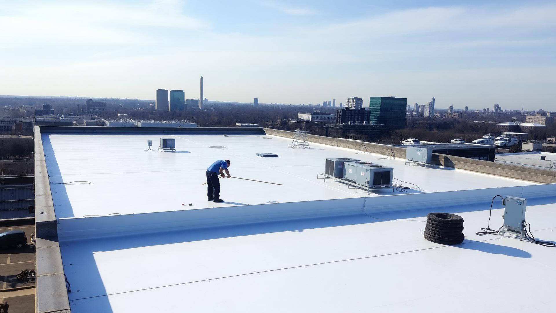 White TPO flat roof membrane being installed on a Takoma Park area building