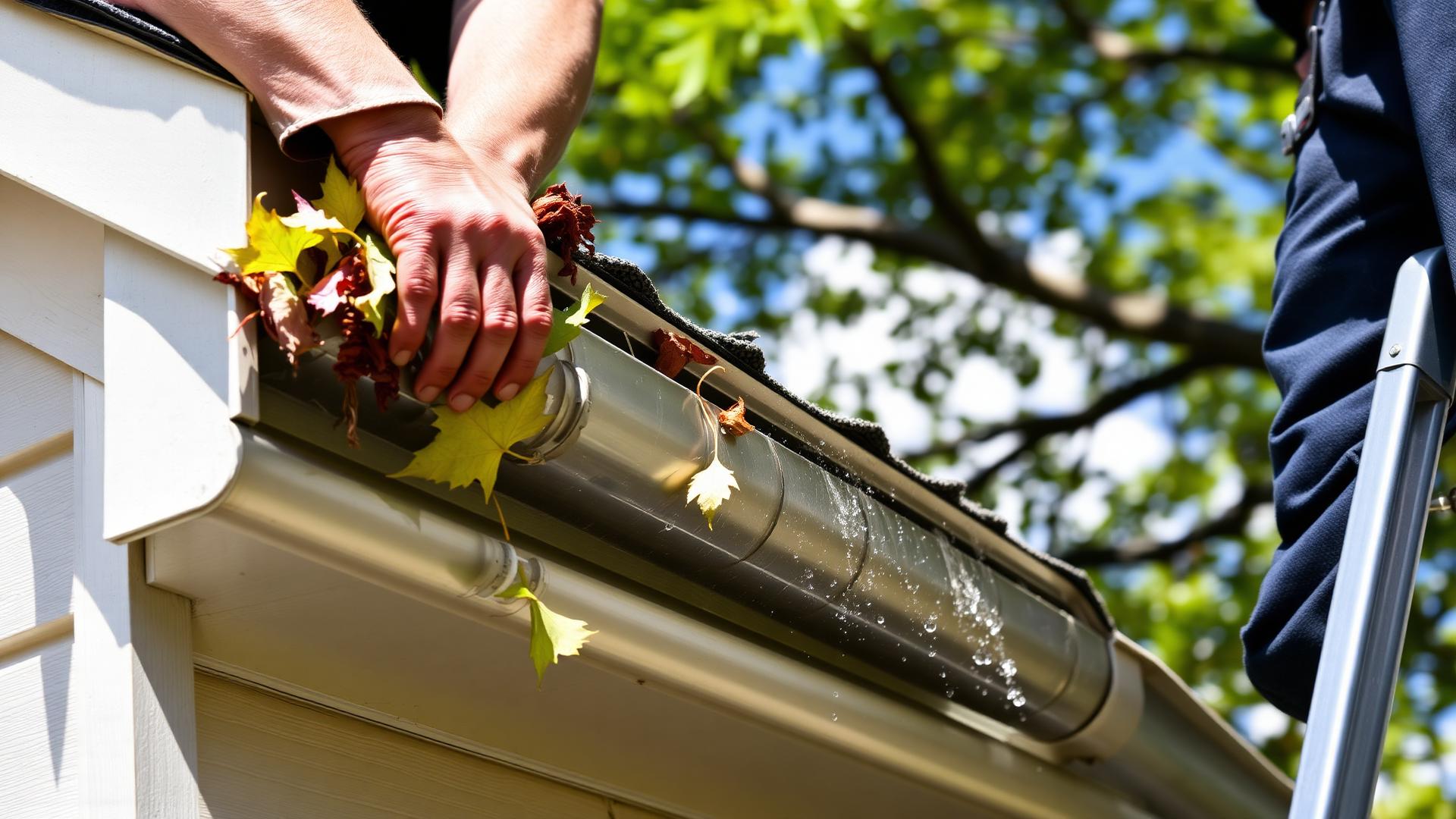 Roofer detecting a hidden gutter leak on a Takoma Park, MD home