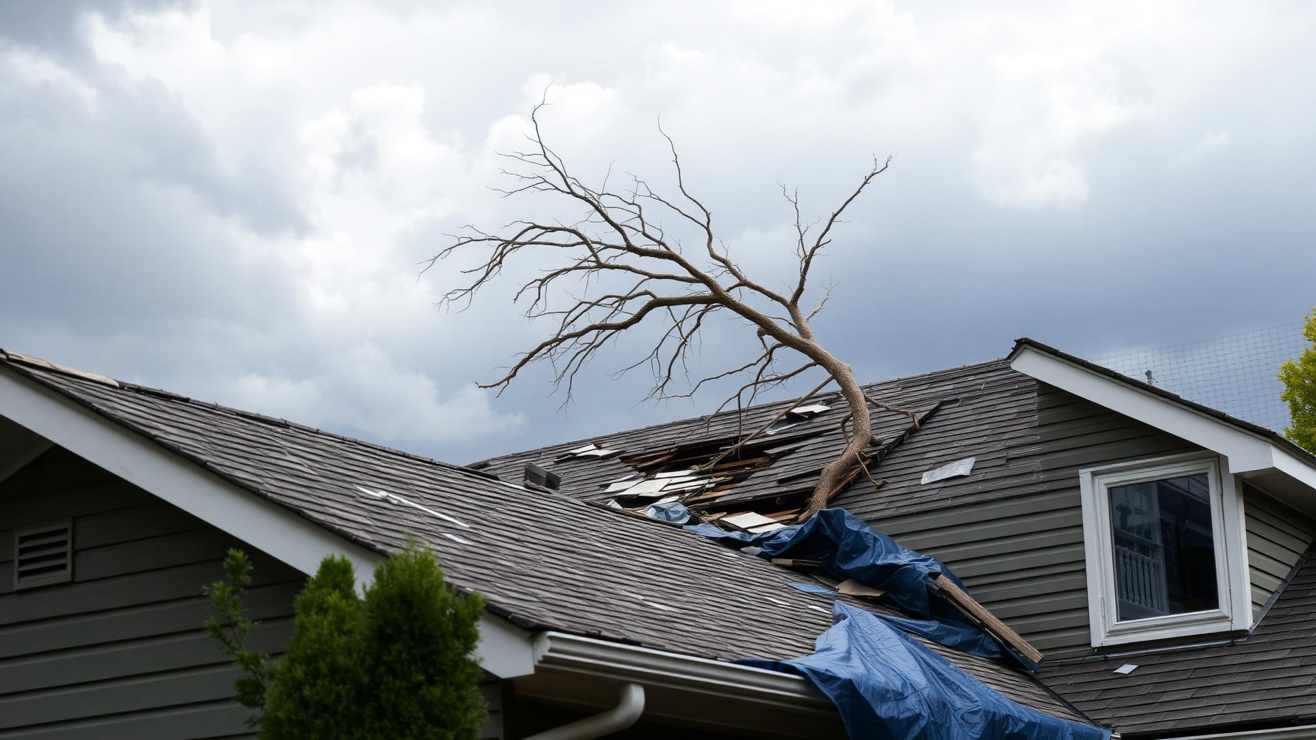 Storm-damaged residential roof with fallen tree limb and tarp in Takoma Park, MD area